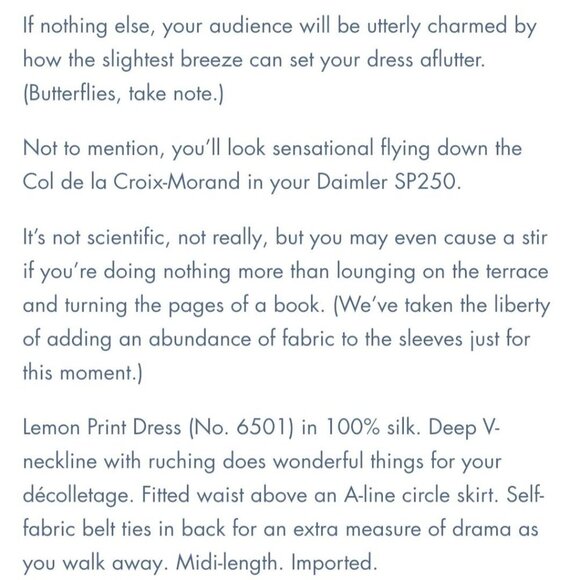 J. Peterman Lemon Print Dress 100% Silk Handkerchief Sleeve V Neck Dress Size 6 - Picture 7 of 7